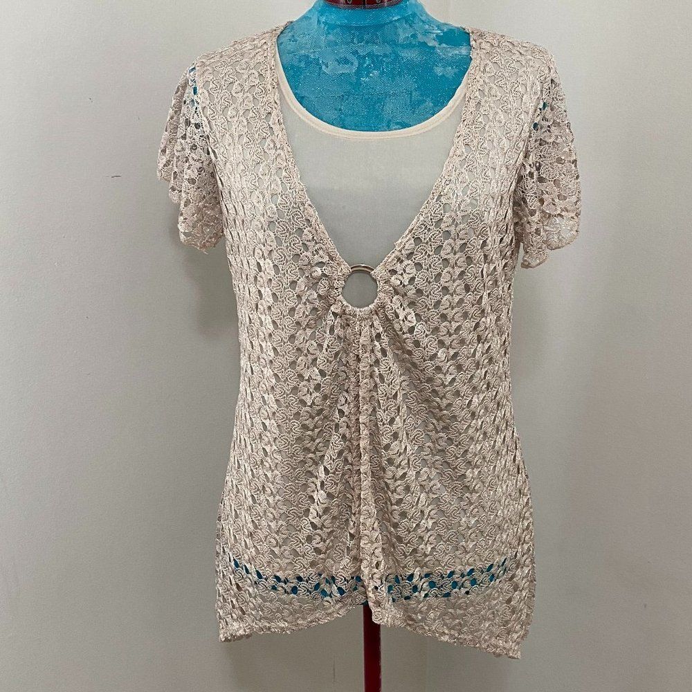 Brittany Black Lace Layered Boho Short Sleeve Hi lo Womens Top Size M